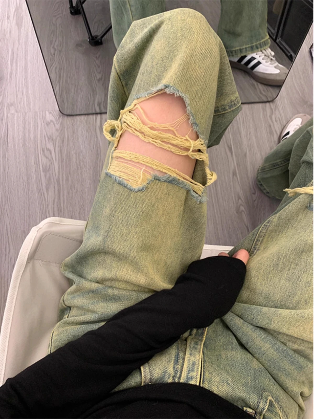 

plus Size American Retro Hole Denim Pants Women Spring Autumn New Style Pear Shape Slim Wide Leg Pants High Waist Straight Tube