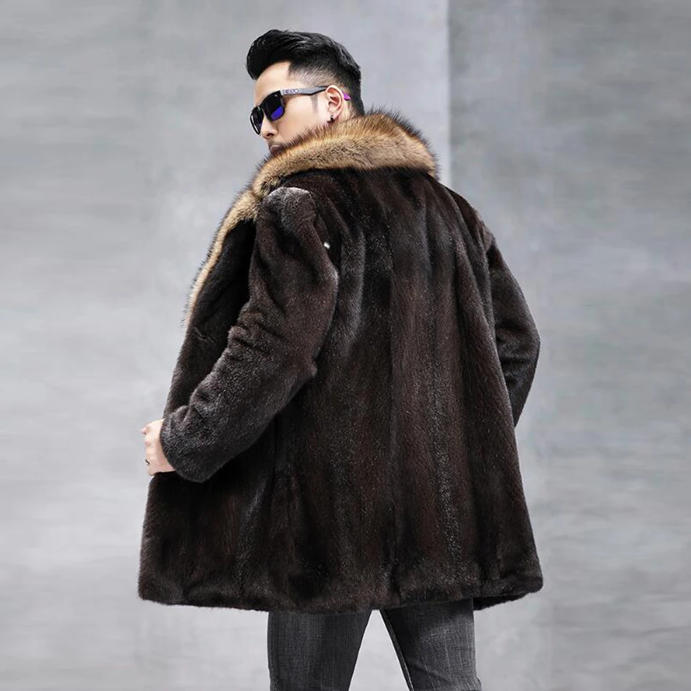 Denny&Dora Mens Mink Fur Jacket Suit Collar Mid-Length Mink Fur Coat For Men Brown Fur Coat