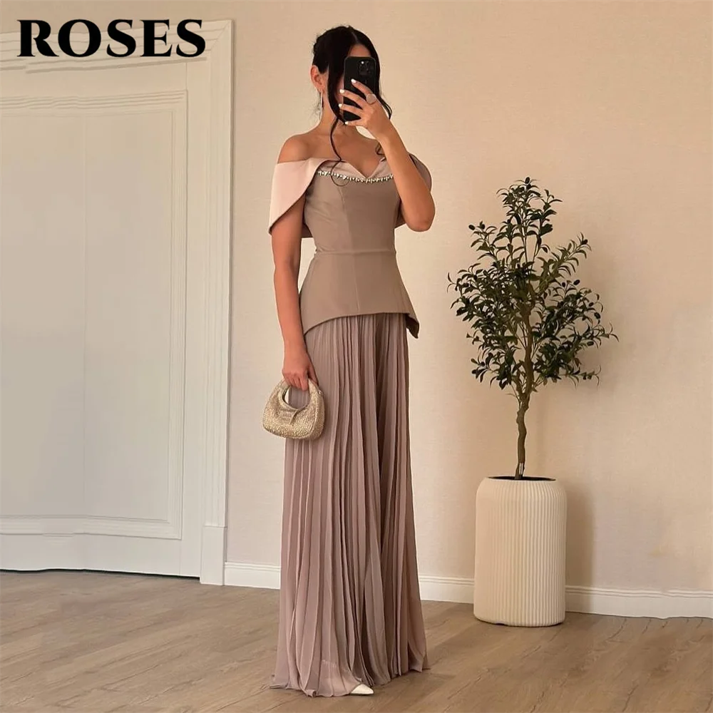 

ROSES Taupe Prom Dresses Off the Shoulder Gala Dresses Pleated Saudi Arabic Evening Dresses with Beaded Party Gown Customized