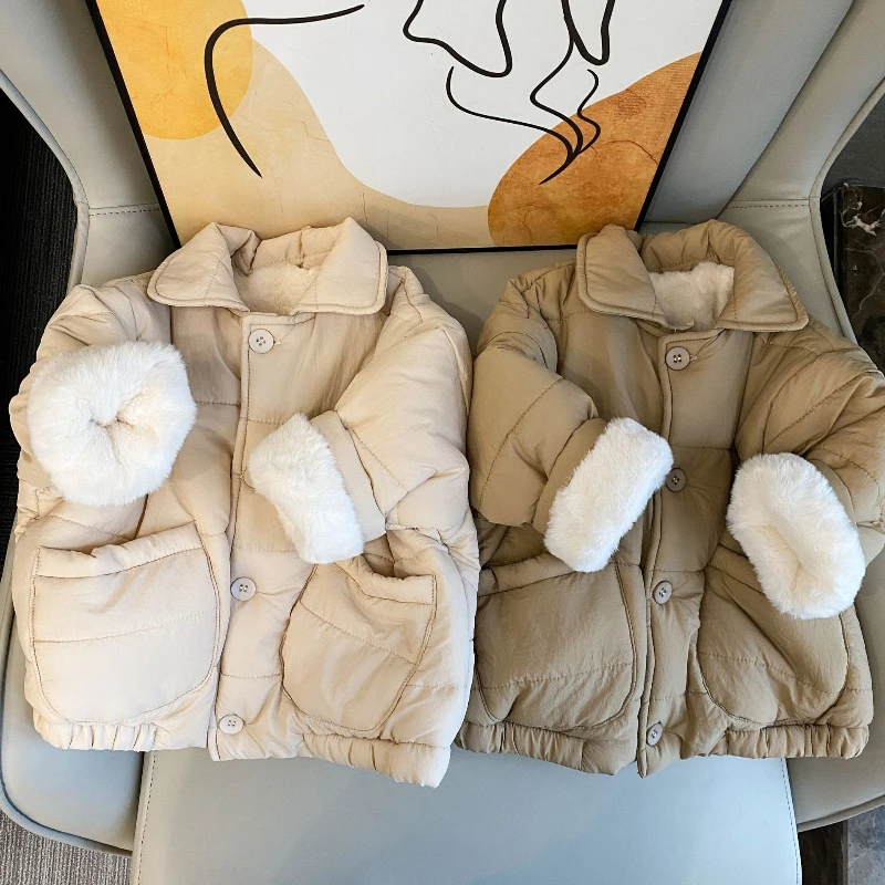 

2025 Winter New Children's Velvet Thick Collar Button Solid Color Warm Cotton Clothes