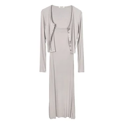 Ele Sexy Bodycon Fi Tail Gown with Long Sve Open Cardigan Top Two Piece Set High Waist mid Length Pure Color Spring ...