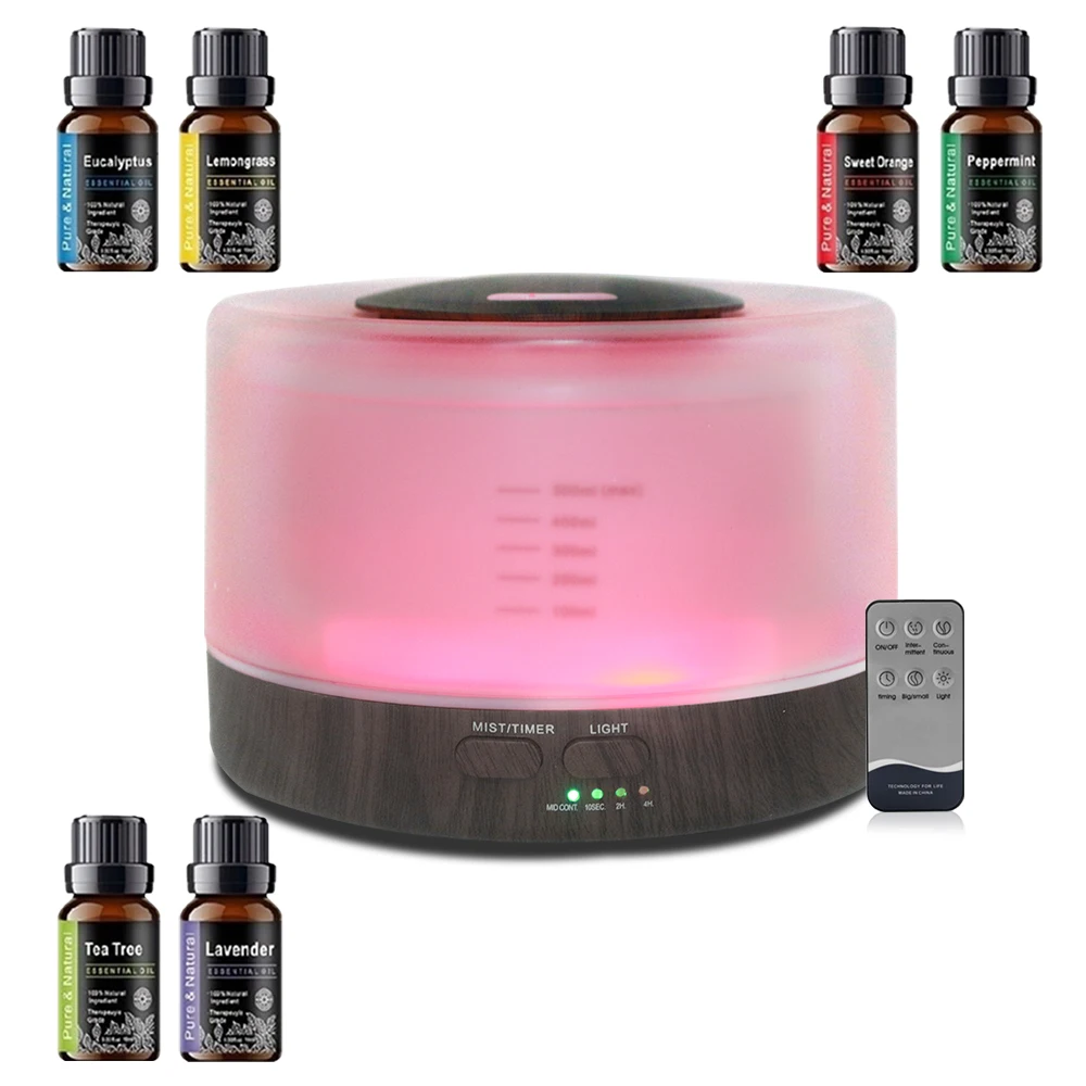 

Aromatherapy Set 500ml Diffuser, 6 Oils | Mood Lights, Auto Shut-Off, Super Quiet