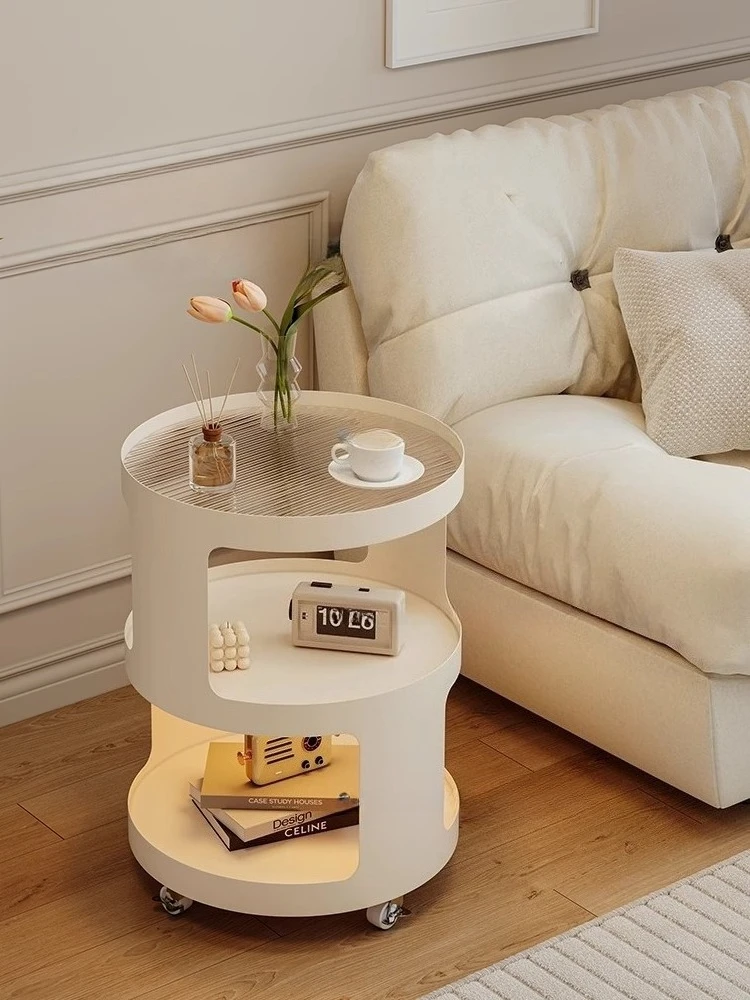 Home Furniture Creative Small Round Glass Sofa Side Table Movable Side Cabinet Simple Iron Tea Table Trolley Roller Storage Rack