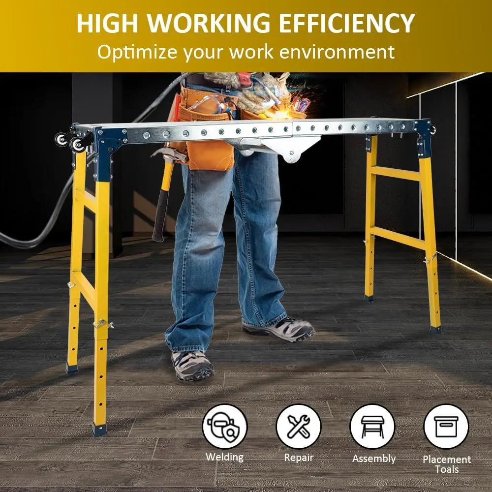 Folding Steel Welding Table with 1100lbs Capacity, Wheels, and Handle for Workshops and Garages