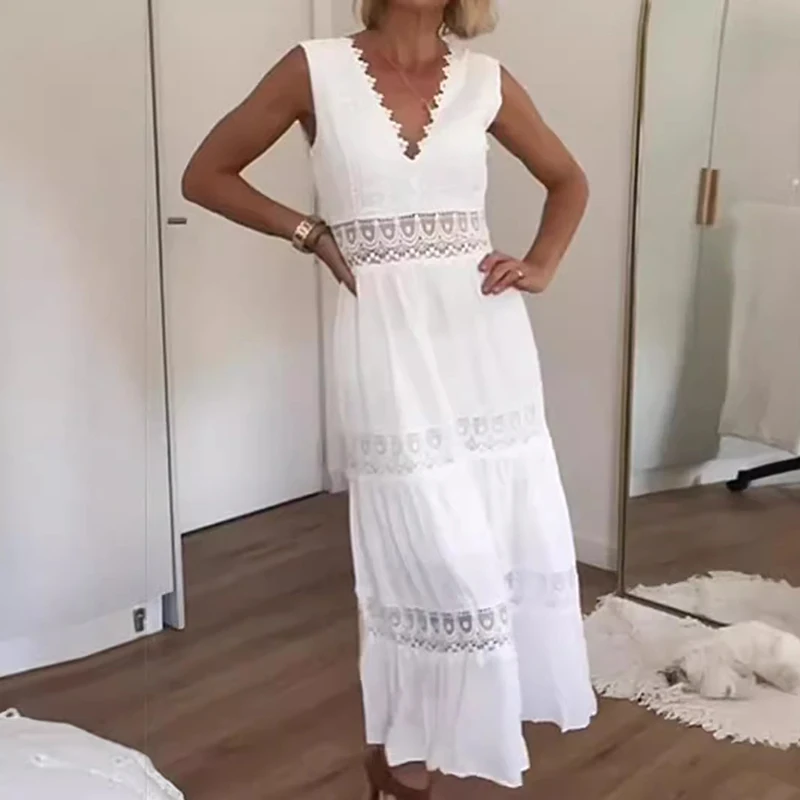 Vestido largo de encaje sin mangas con cuello en V doble a la moda, vestido de noche plisado de cintura alta con temperamento, novedad de verano, vestidos de vacaciones sólidos