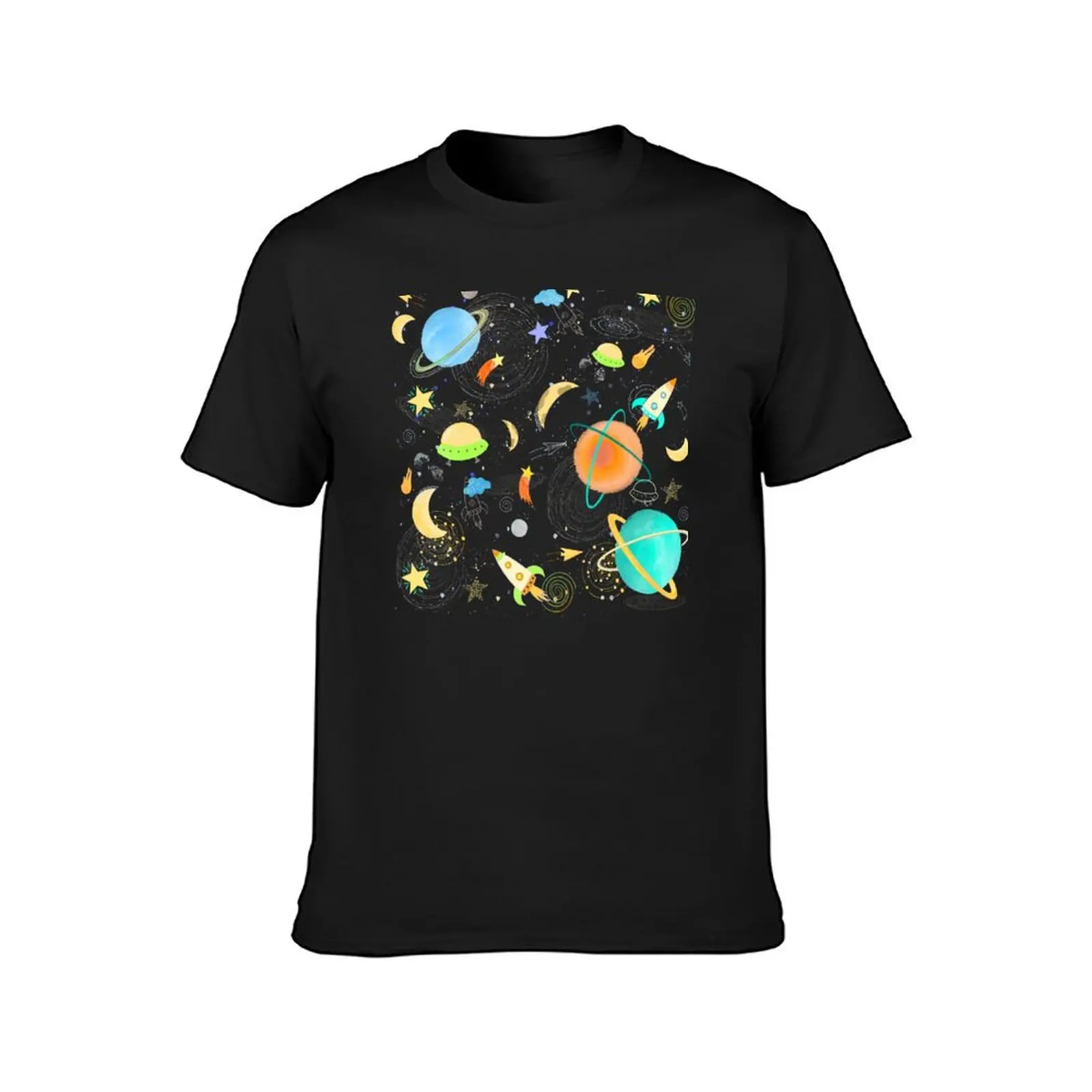 Flat Dark space seamless pattern background. Cute template with spaceship, rocket, moon T-Shirt tees plain black t shirts men