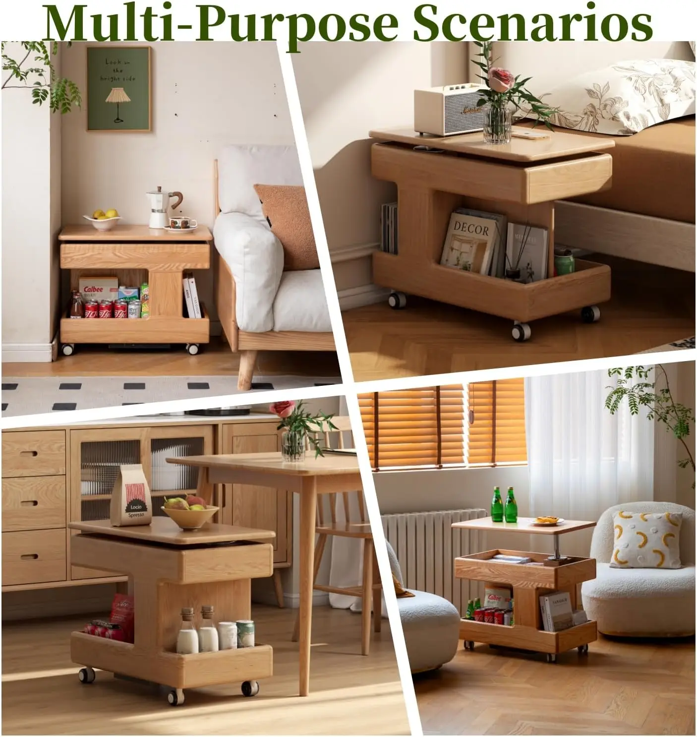 100% Solid Oak Lift Top Coffee Table For Living Room, Small Coffee Table With Rolling Wheels And 360° Rotating Desktop, Wood