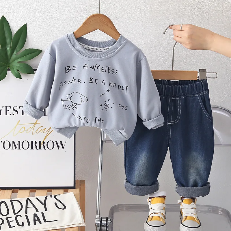 Kids Clothes Set Toddler Spring Outfits 2026 Baby Boys and Girls Clothes 0-5 Years Letter Printed Tops and Jeans Children's Suit