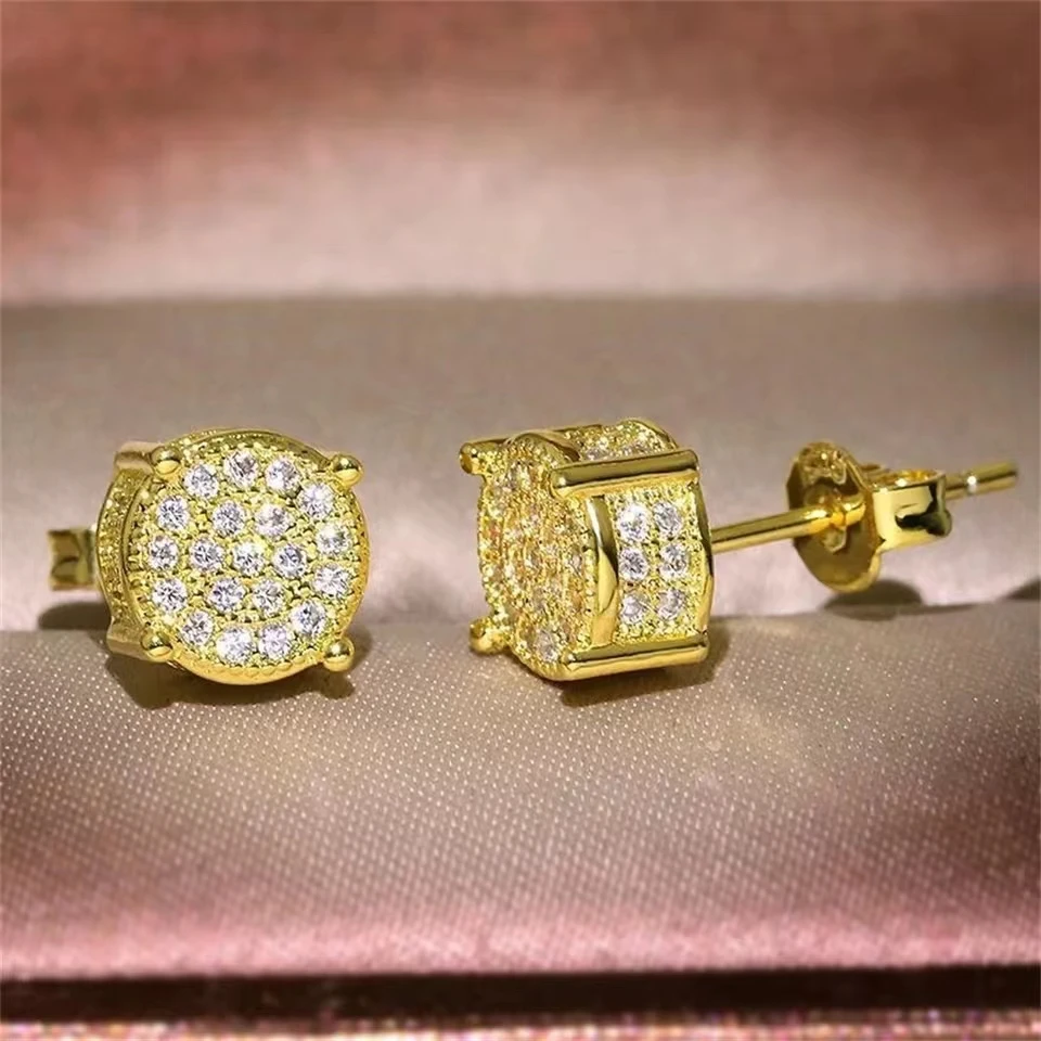 Gold-Color Square Ear Studs For Women Fashion Shiny Classic Rhinestone Tiny Earrings Jewelry Gift Gold-Color Round Ear Studs image 3