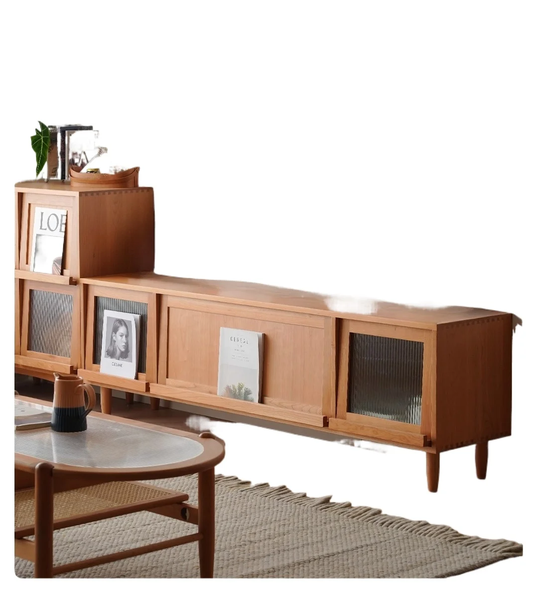 

Solid wood TV cabinet combination Nordic retro cherry wood log rattan furniture small apartment simple locker