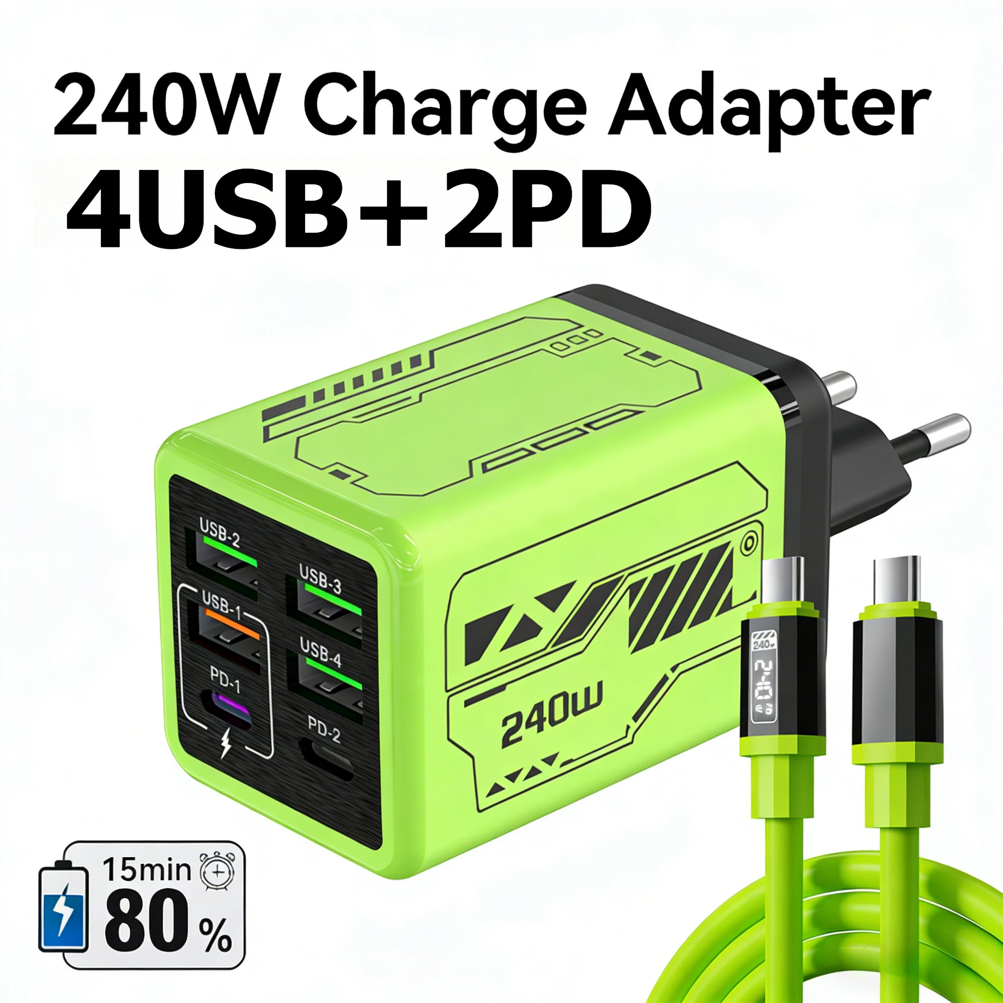 240W GaN-Ladegerät Schnellladegerät 6-Port USB-C PD-Ladeblock mit 240W USB-C zu Typ-C Datenkabel für iPhone Xiaomi Huawei Smartphone