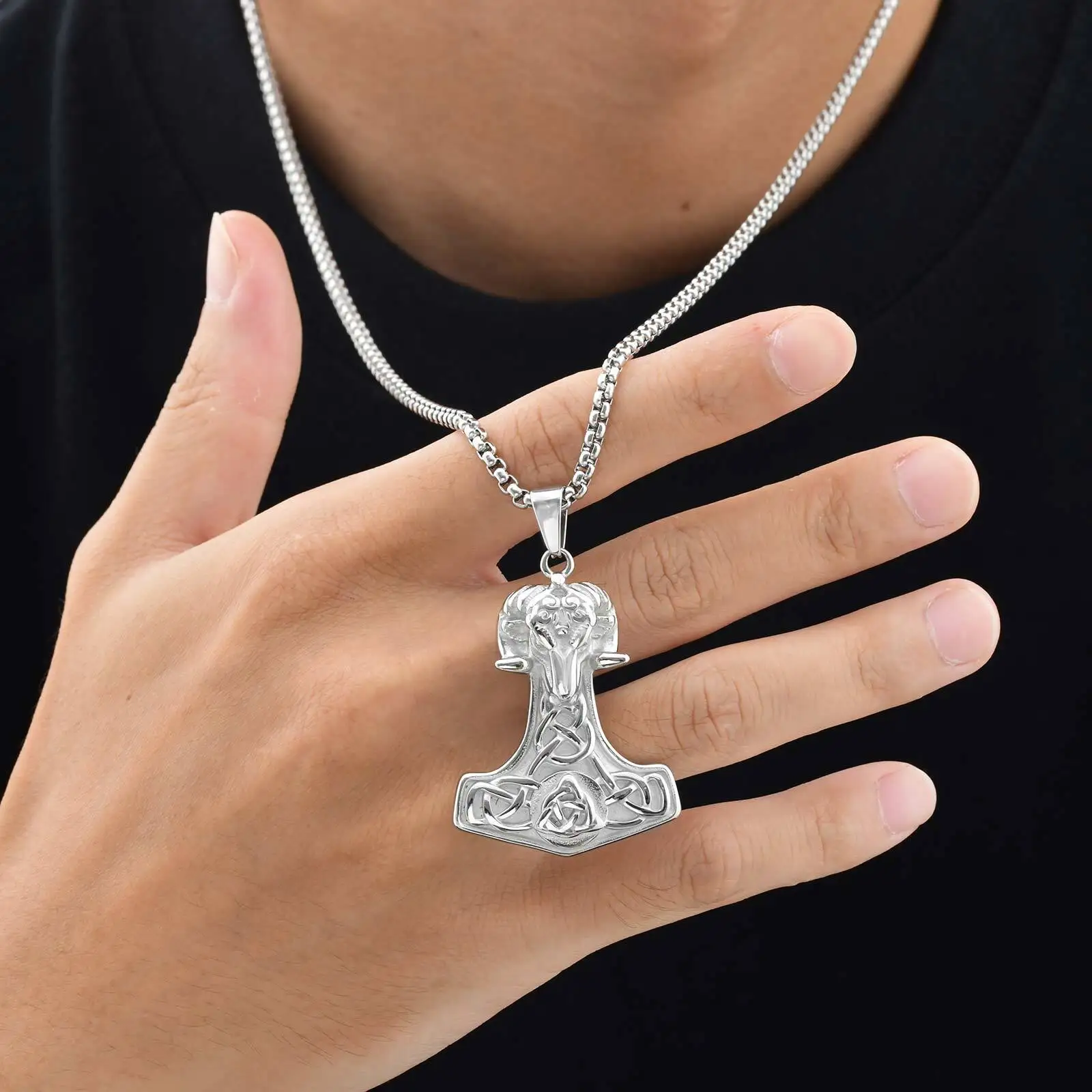 Stainless Steel Thor Hammer Necklace for Men, Viking Sheep Head Hammer Pendant,Vintage Punk Jewelry Gift