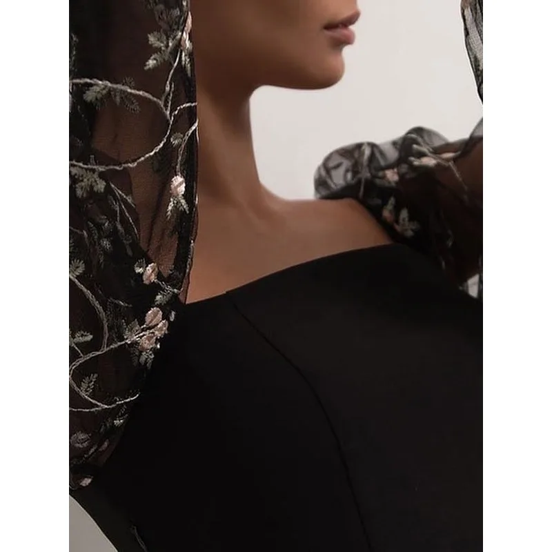 TΣ Vierkante Hals Kant Pure Mouwen Max Jurken Dames 2026 Stijlvolle Effen Elegante Geborduurde Bodycon Feestjurk 147538