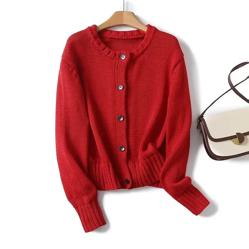 

Maxdutti Fashion Red Color Sweaters Cardigans Women Eleagnt Kniwear Minimalism Jacket Ladies