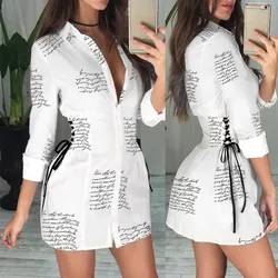 2024 New Summer Women's A Line Mini Dress Slim Fit Sexy Long Sleeved Drawstring Letter Printed Sexy Casual Home Shirt Dress