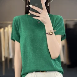 Summer round neck bright silk short sleeve sweater female loose sweet fashion high-end solid color ice silk half sleeve T-shirt