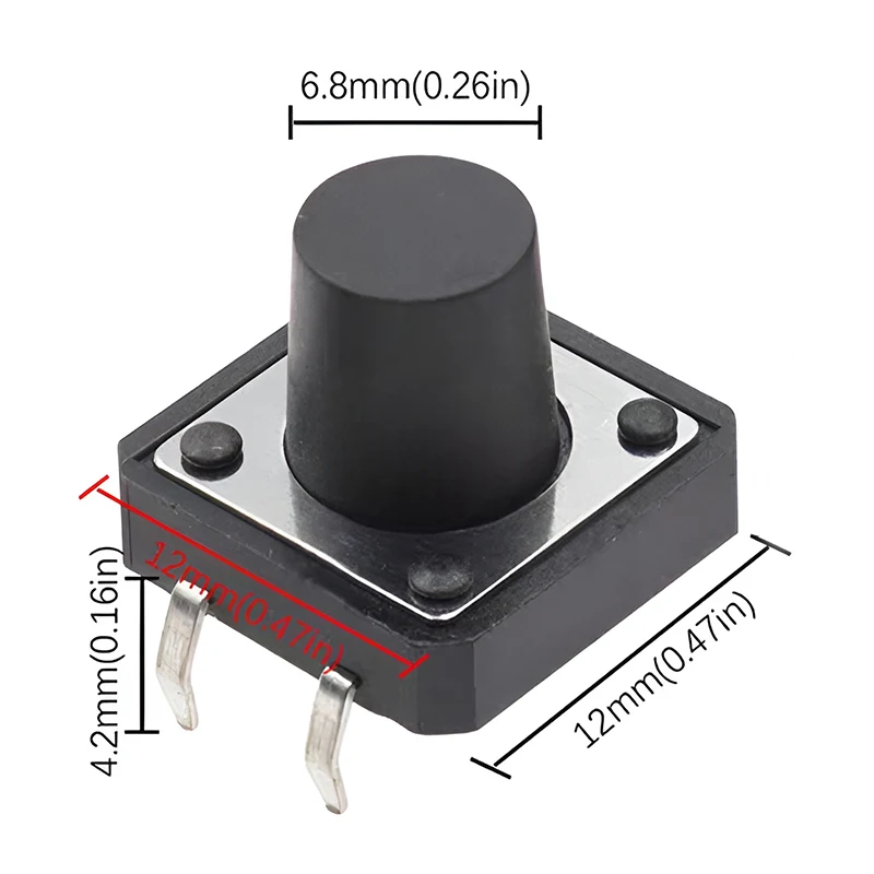 10 Stück Steck-Taktschalter 12*12 Griffhöhe 8,0mm 4-Pin 50mA DC 12V 12x12 Selbstrückstellender Elektronischer Drucktastenschalter – Detail 5