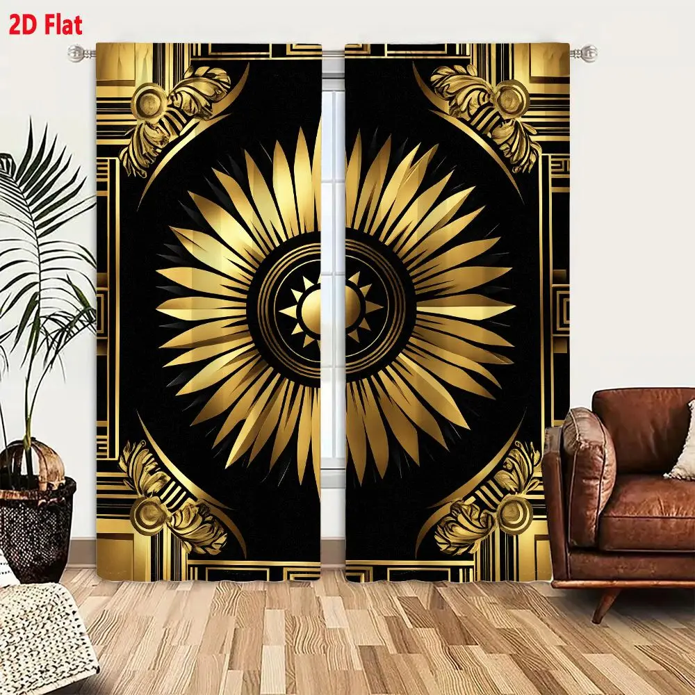 2Pcs Curtains Add 2D Flat Gold Ornate Sunburst Motif With Classical Scrollwork And Greek Key Patterns On Black Background Window