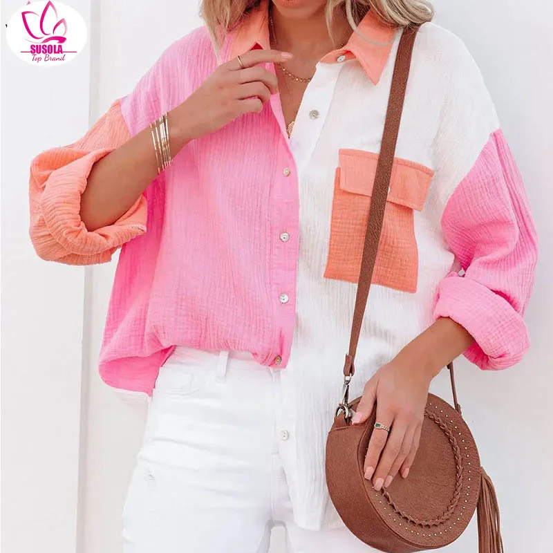 Spring Summer Trend Women New Patchwork Shirt Elegant Commute Contrast Lapel Buttons Cardigan Streetwear Ladies Casual Blouses