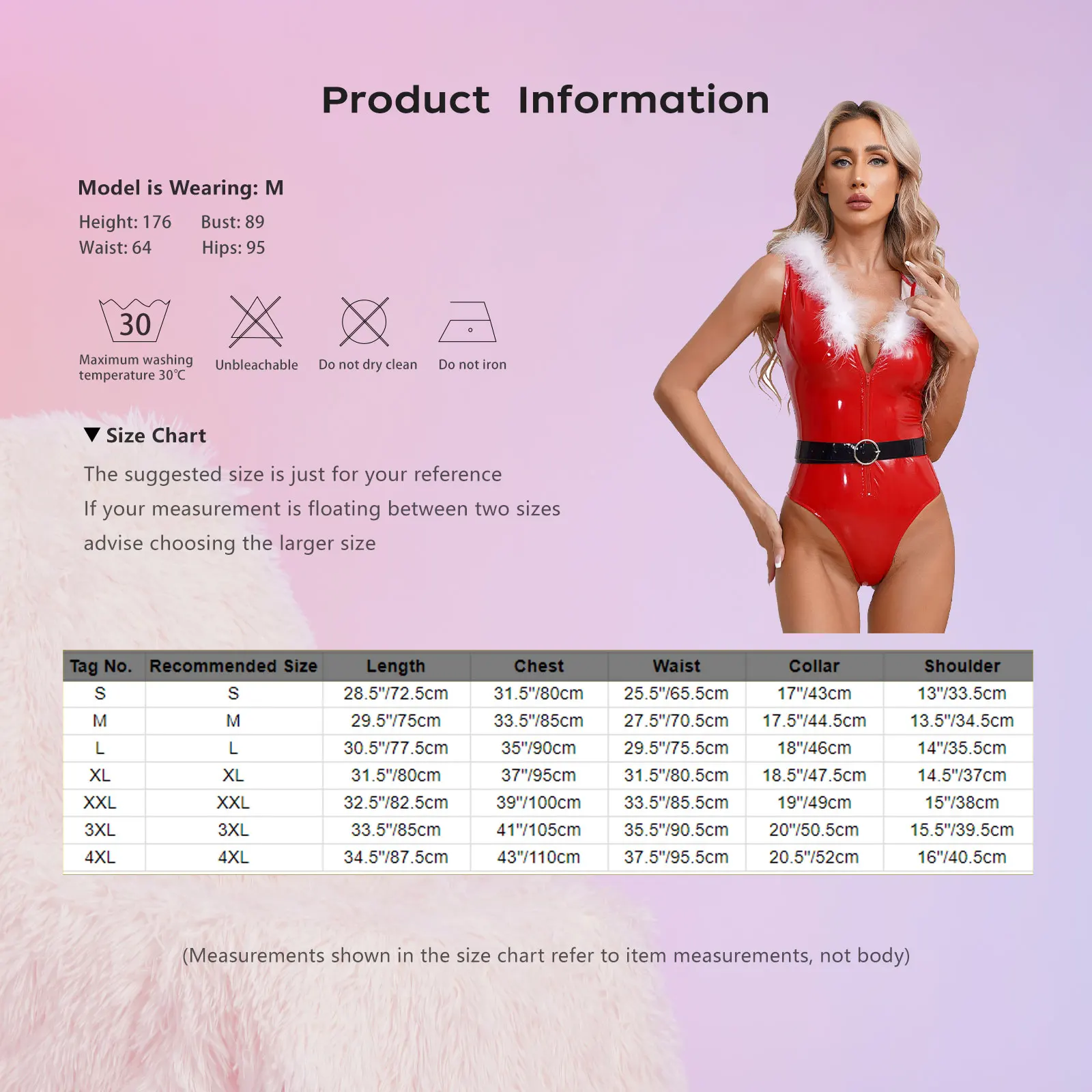 Womens Patent Leather Christmas Party Jumpsuit Wet Look Hooded Bodysuit with Belt Feather Trim Front Zipper Sleeveless Leotard