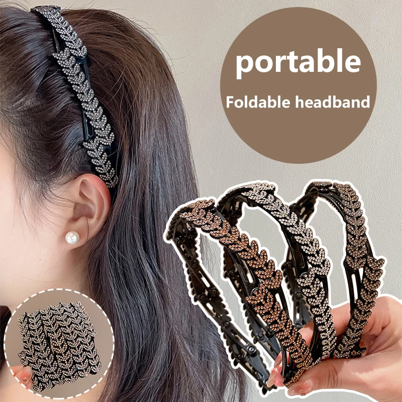 

Foldable Retractable Pocket Hair Hoop Wheat Ear Shaped Rhinestone For Women Girl Washing Makeup Travel Outdoor Hair Accessories