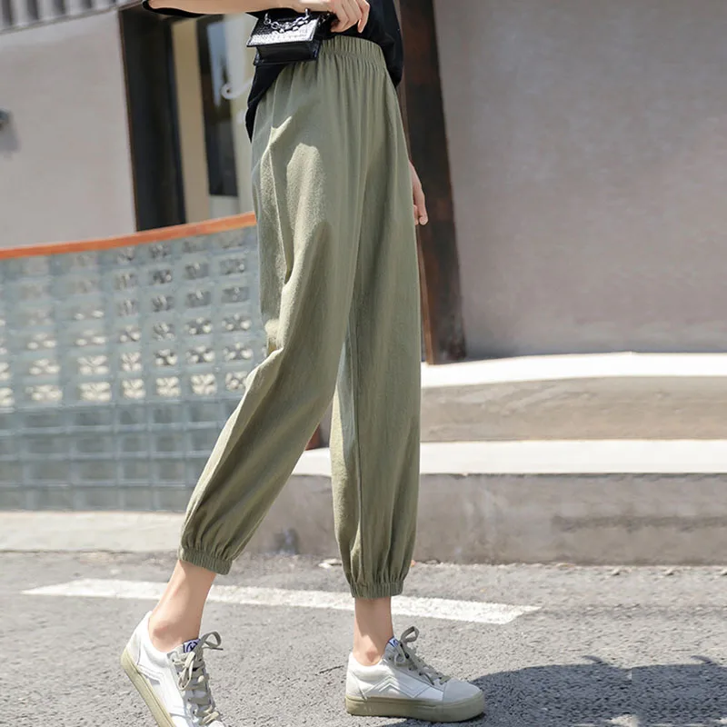 Damen Lässige Weite Bequeme Haremshose für den neuen Sommer 2026 – Elastische Taille, Strand-Leinenhose, einfarbig, vielseitig kombinierbare Laternenhose – Detail 8