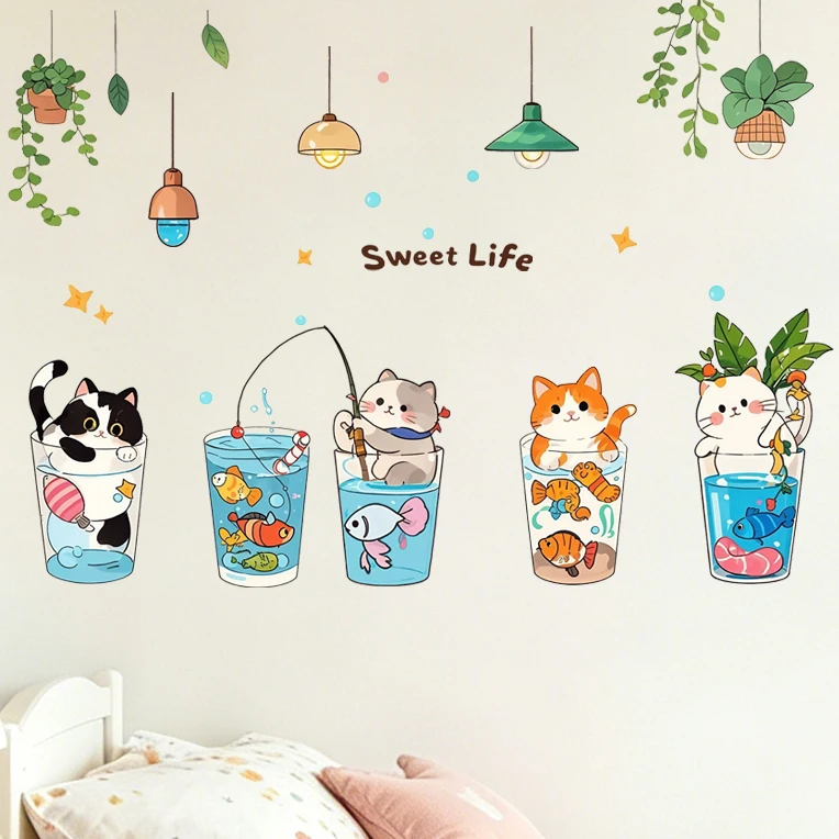 Water Bottle Cat Summer Fresh and Cute Decorative Wall Sticker for Kids’ Room, Self-Adhesive.