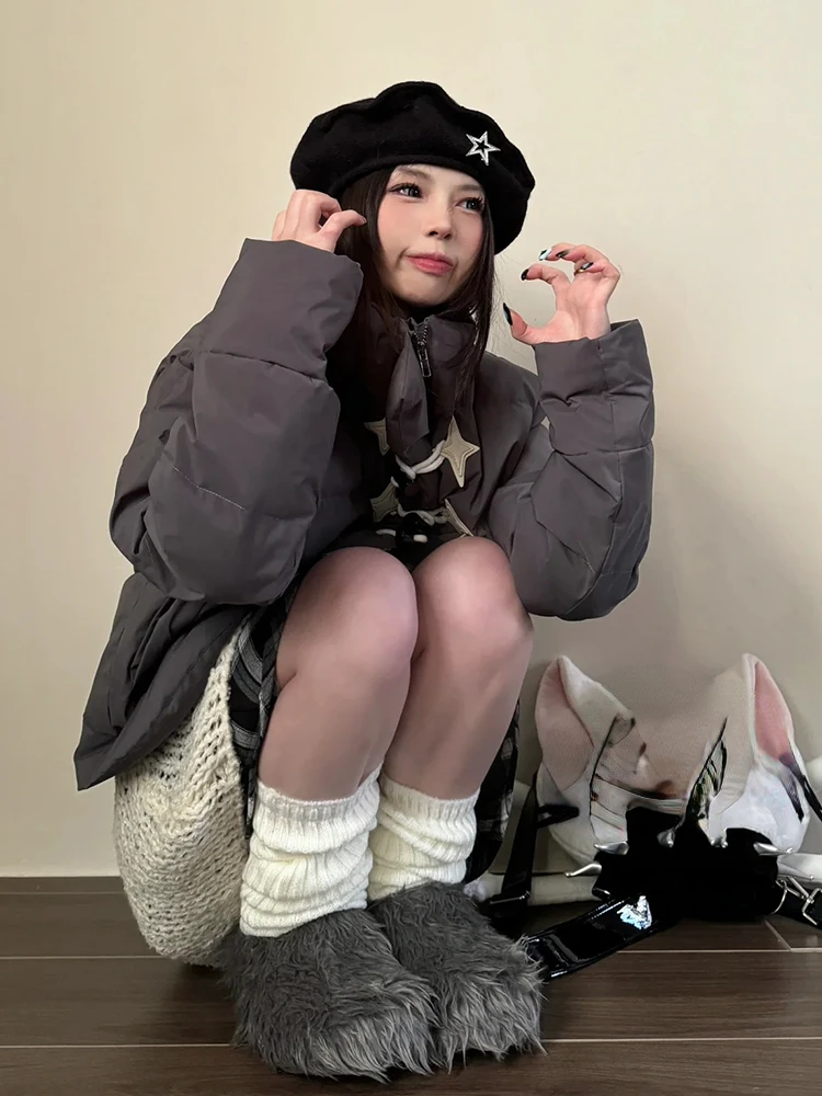 Japanese Winter Star Single Breasted Warm Women Jacket Harajuku Loose Casual Grunge Top Pocket Y2k Aesthetic Vintage Simple Coat