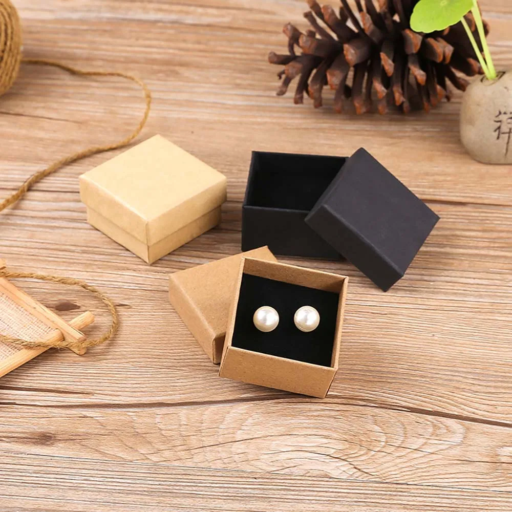 Wholesale 100pcs Rings Jewelry Box 5*5*3cm Black Brown Kraft Gift Cardboard Boxes for Necklace Earring Women Jewelry Packaging