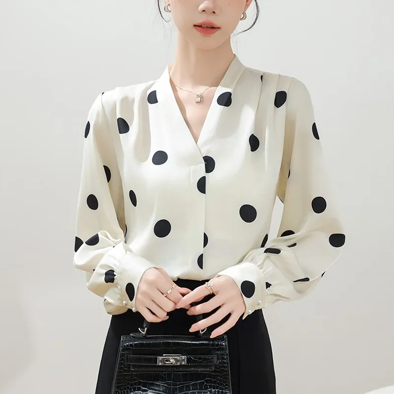 

Satin Vintage Women's Blouses Korean Version Shirts V-neck Loose Spring/Summer Casual Clothing Printed Long Sleeve Women Tops