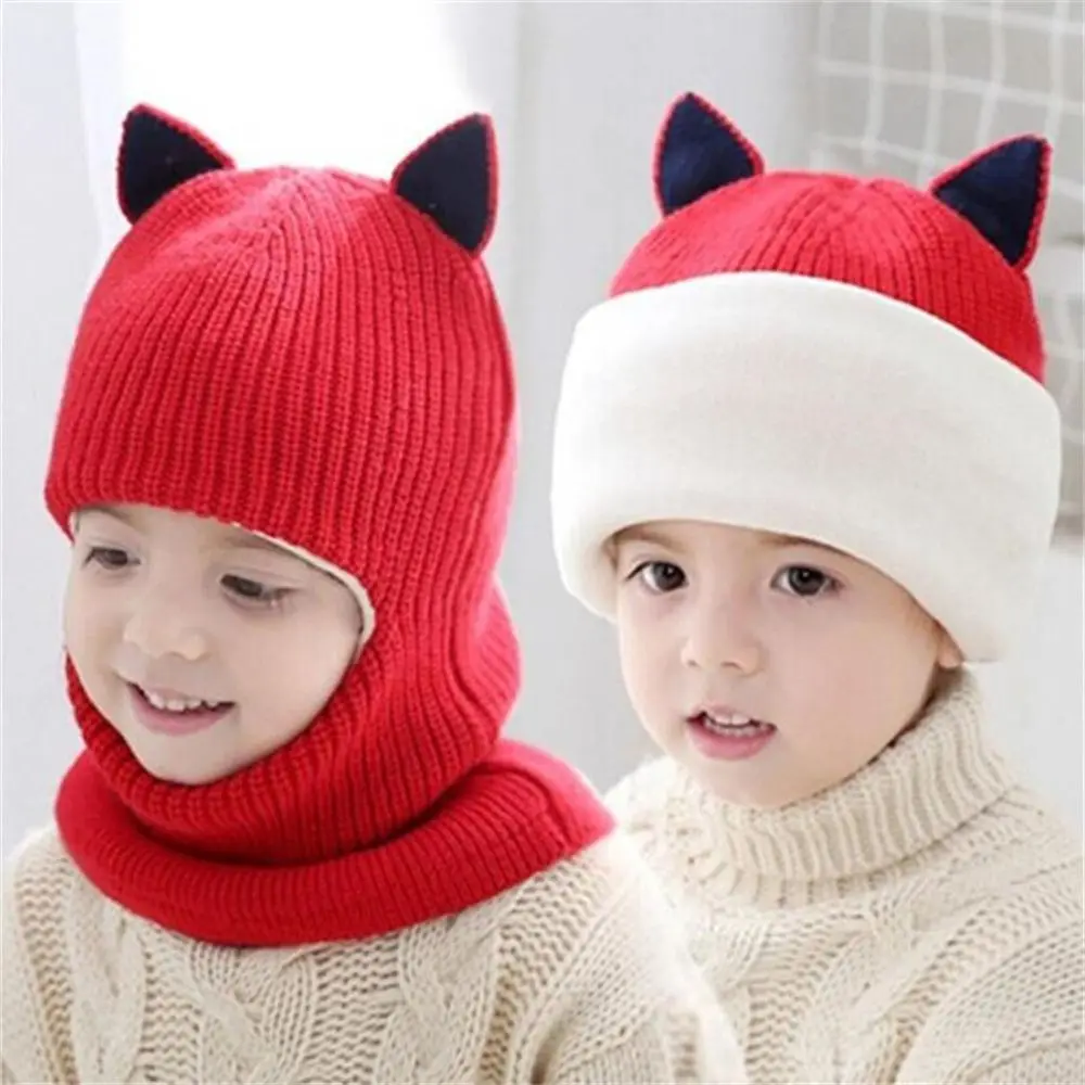 Cute Hooded Scarf Winter Warm Winter Baby Hats Fleece Lining Earflap Cap Toddler Beanie Knitted Cap