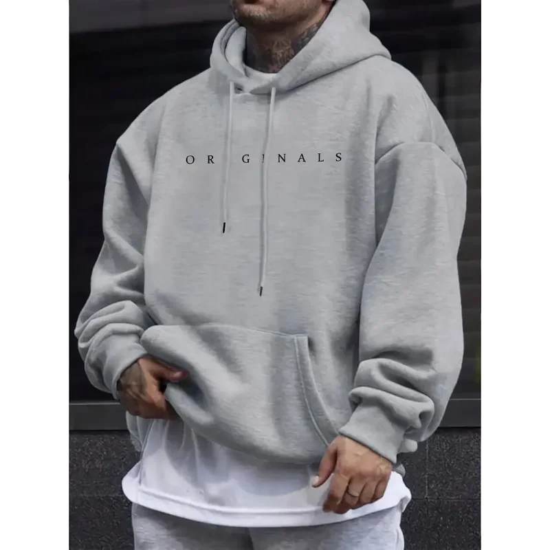 Modischer Oversize-Hoodie für Herren, 60% Baumwollmischung, schlichter Buchstaben-Print, Kapuze mit Kordelzug, lässiger Alltags-Pullover-Sweatshirt