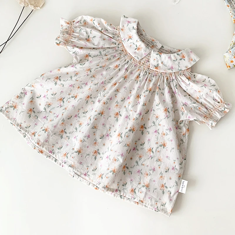 2024 Baby Girls Shirt Floral Princess Blouse Summer Handmade Short Sleeve Flowers Girls Blouse Sweet Vestidos Kids Girl Shirt