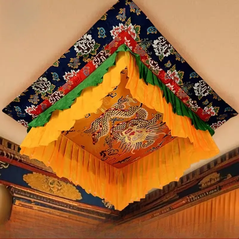 

100CM Square Tibetan Peony Eight Auspicious Embroidery Tablecloth Home Decoration Buddhist Ritual Instruments Ornament Table Mat