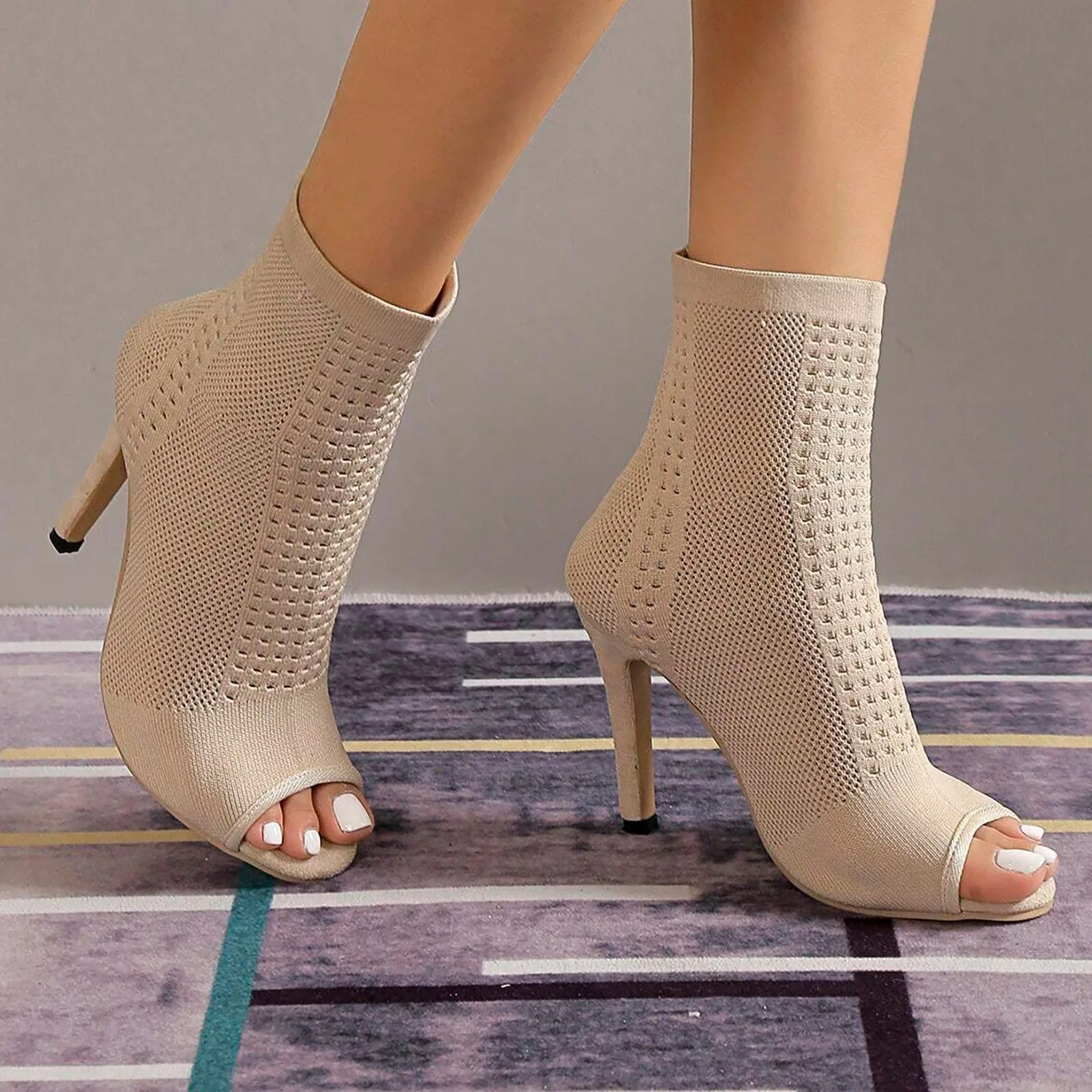 Fashion Ladies Peep Toe Stretch Fabric Knitting Ankle Boots Small Hole Hollow Out Breathable Elegant Women High Heel Dress Shoes