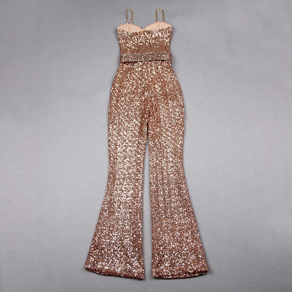 2023 nuovo arrivo Spaghetti Strap tute Sexy paillettes Flare Pants Club Party Women Bodycon tute