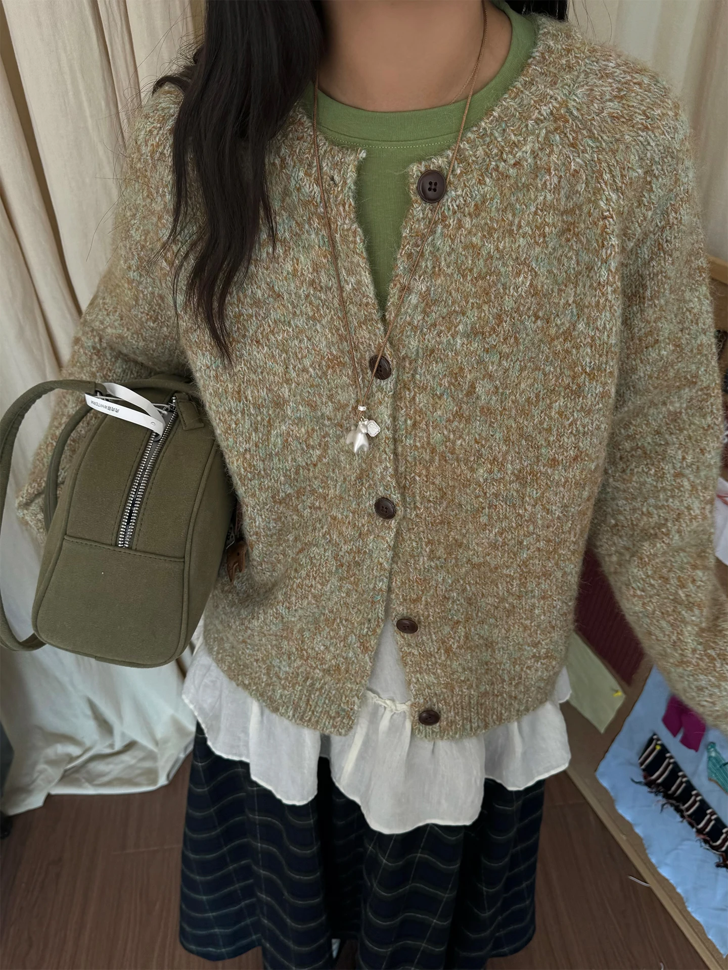 

Loose Fit Woolen Knitted Cardigan Women's round Neck Sweater Outerwear Thickened Korean Style Polyester Wool Blend Long Sleeve