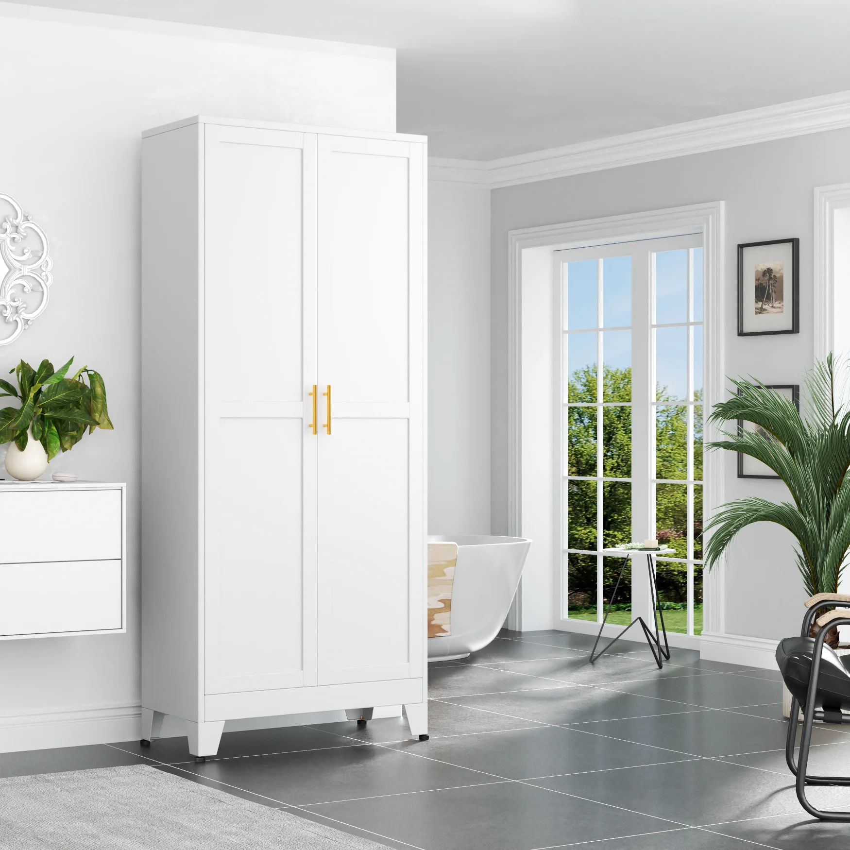 75.2-inch high metal cabinet, kitchen cabinet with 2 doors and 5 adjustable shelves. Can be used for dining rooms, living rooms,