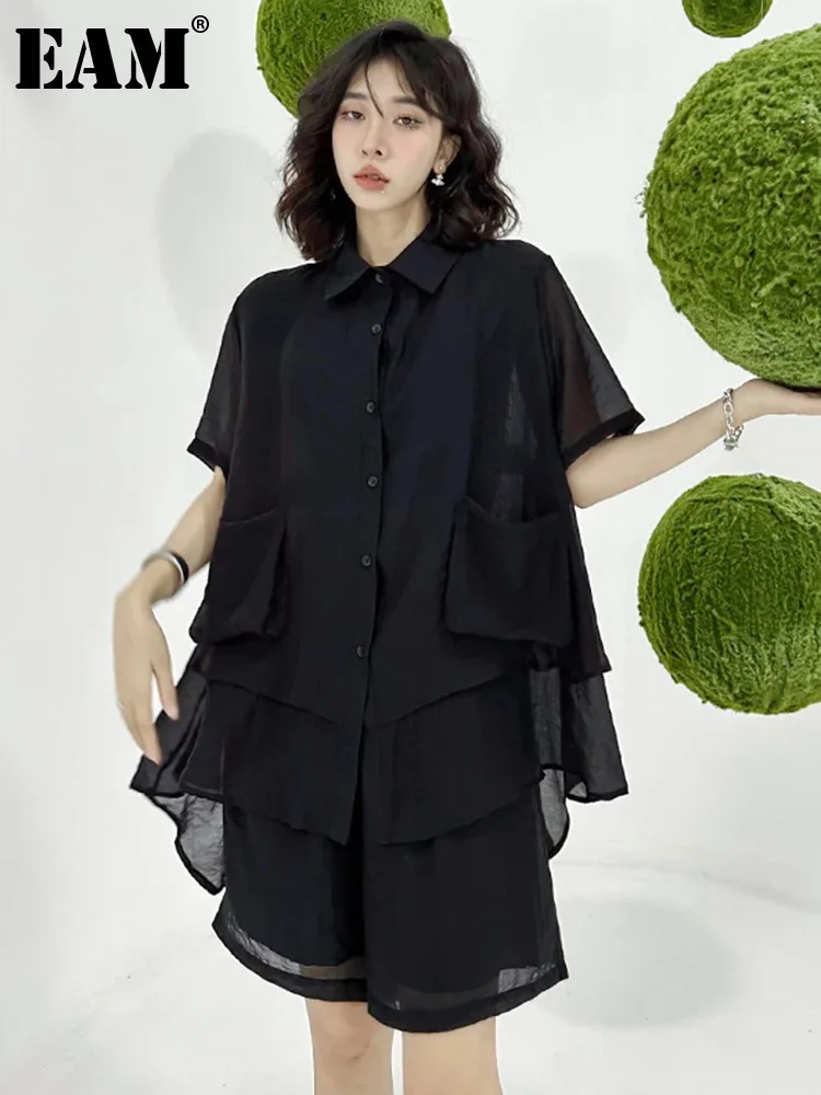 [EAM] Black Shirt Thin Wide Leg Shorts Two Piece Suit New Lapel Short Sleeve Women Fashion Tide Spring Summer  2024 1DH6074