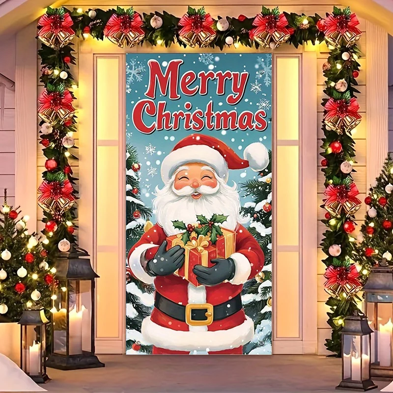 

1 piece, Christmas door decoration with Santa Claus holding a gift - self-supporting winter wonderland arched door