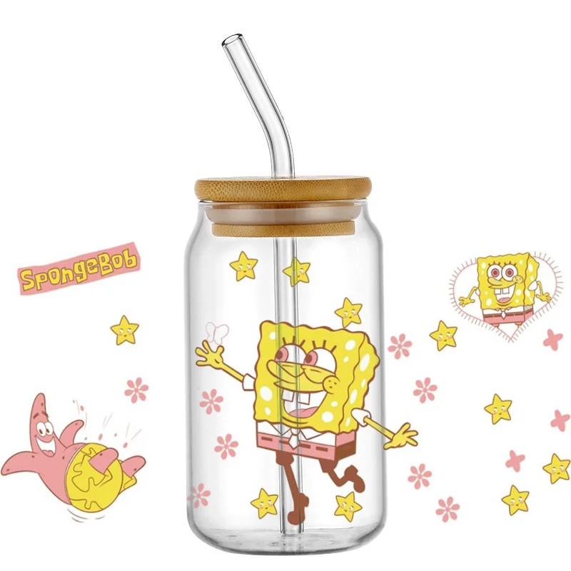 Miniso 3D dessin animé tasse bob l'éponge autocollant étanche UV DTF Libby décalcomanies enveloppe transfert autocollant étiquette personnalisée bricolage Logo auto-adhésif