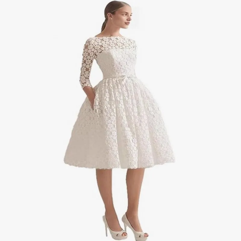 Elegante abito da sposa corto in pizzo con scollo a barca, mezza manica, fascia con fiocco, abito da sposa a trapezio, lunghezza tè, per feste in giardino