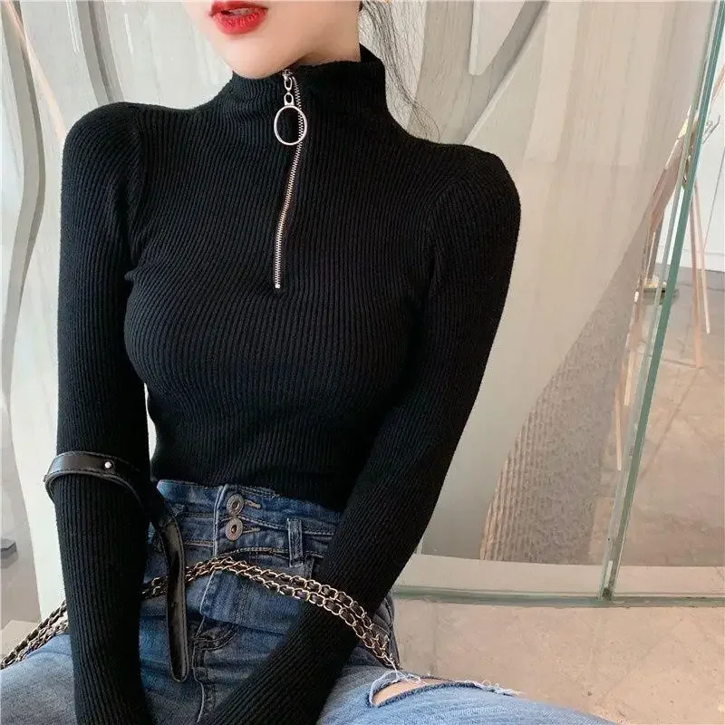 Chic Hong Kong Style Zipper Slimming Inner Long Sleeve Base Layer Top Women's T-Shirt Smooths Your Silhouette 2022 Autumn Winter