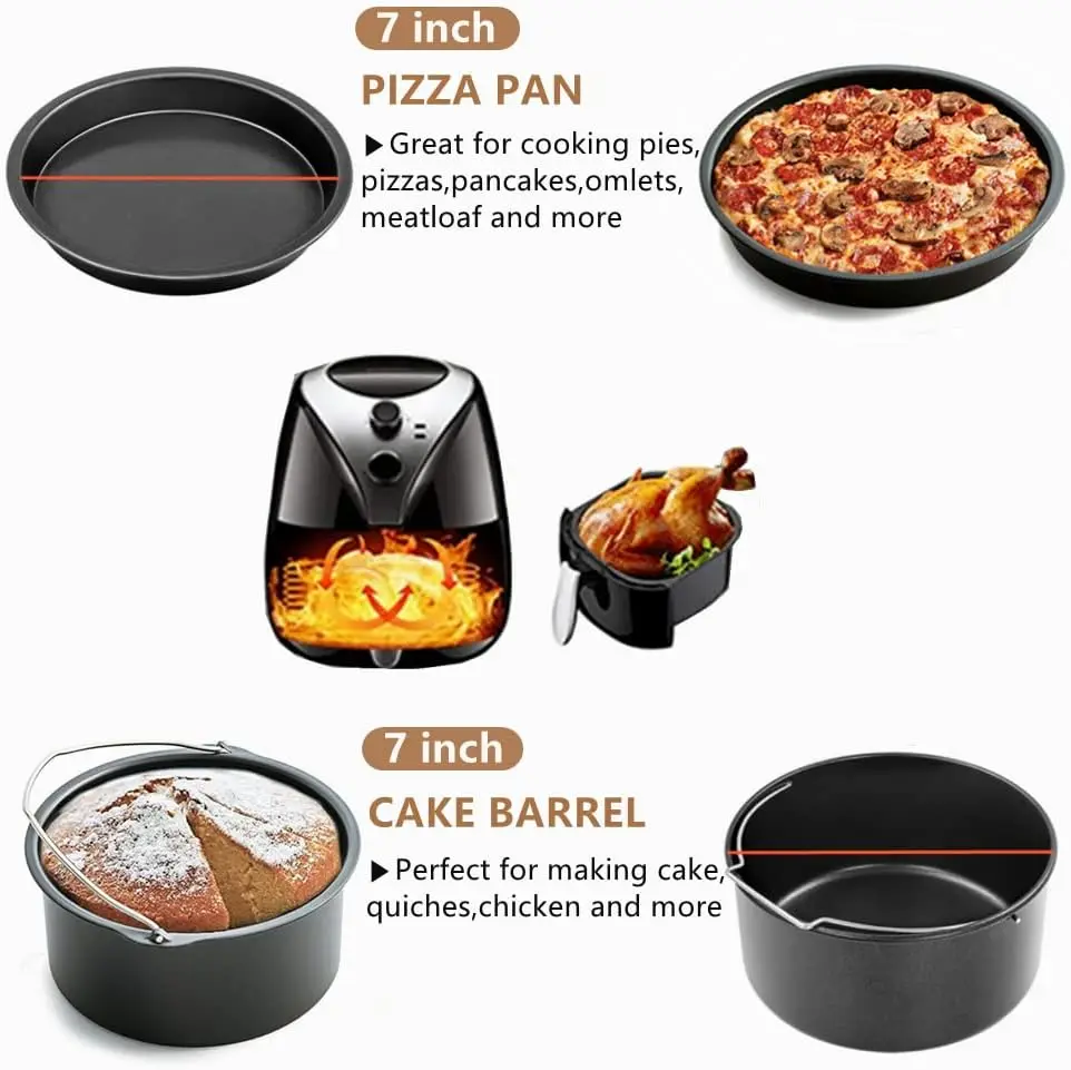 7 Inch Air Fryer Accessories Set Cake Barrel Pizza Pan with 50Pcs Parchment Paper Silicone Brush for Ninja Gowise Cosori