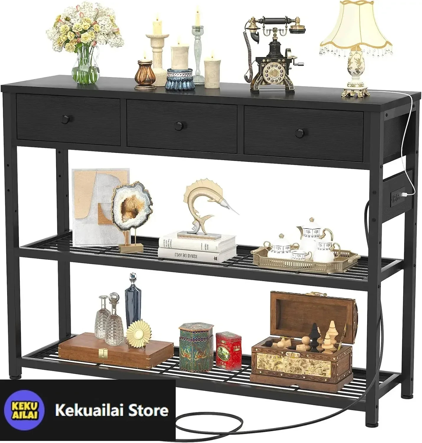 

47'' Entryway Table with Outlets and USB Ports, Console Table with 3 Drawers, Sofa Table Narrow Long with Storage Shelves
