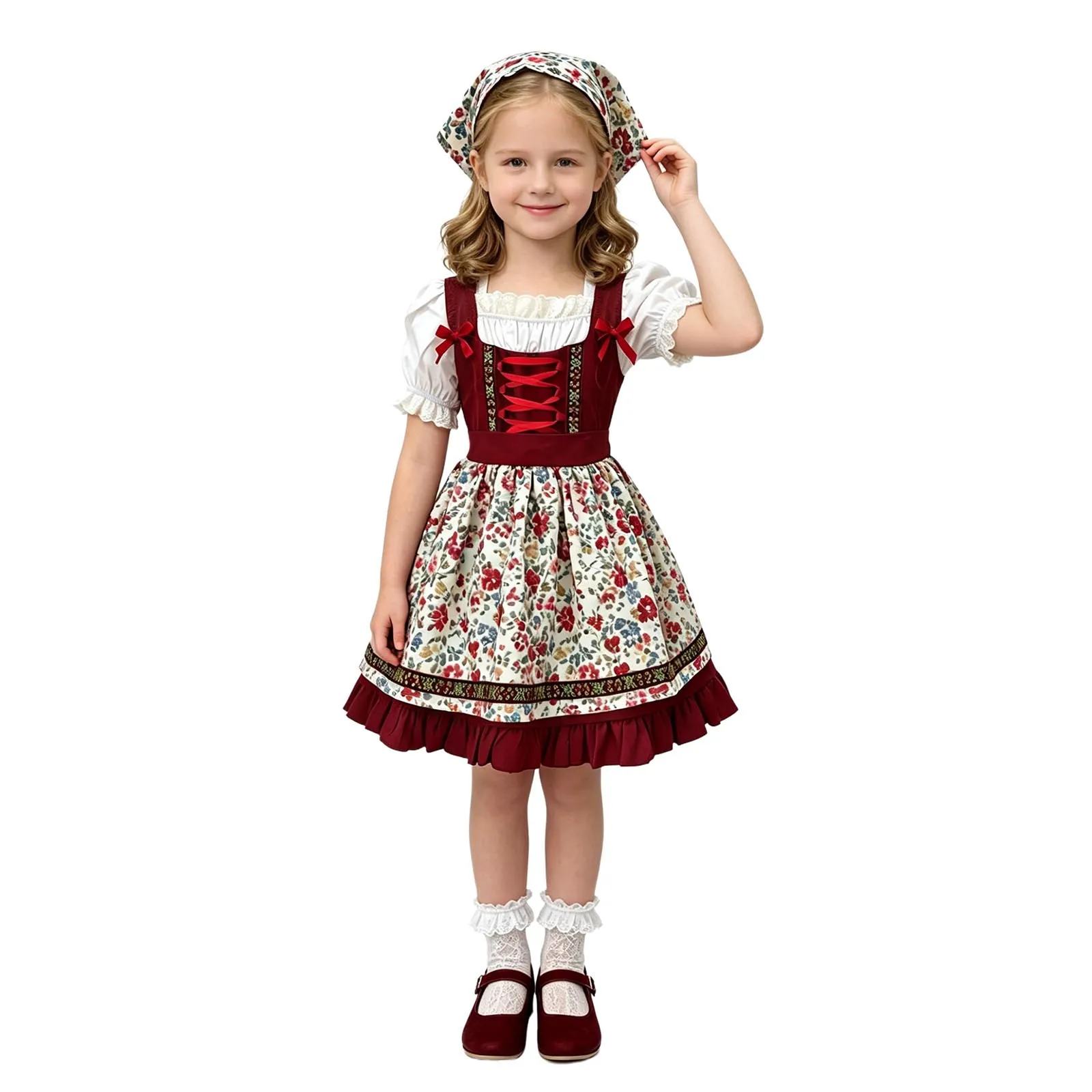 Kids Girls Halloween Carnival Bavarian Oktoberfest Costume Pastoral Style Dress with Floral Print Apron Headscarf Bow Ribbon