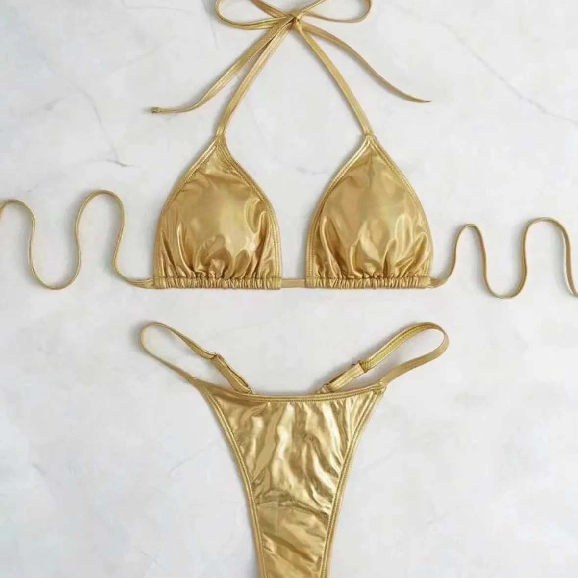 

sexy metallic gold glitter halter bikinis sets two pieces 2024 women thong bandage swimsuit female bathing suit swimwear biquini