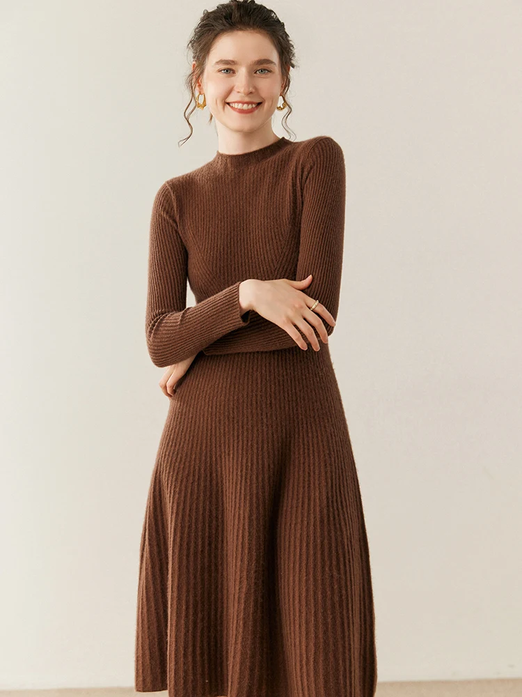

CHICUU Luxury Women's 100% Cashmere Knitted Dress Autumn Winter Grace O-neck Pleated A-line Dress Office Lady Cashmere Dresses