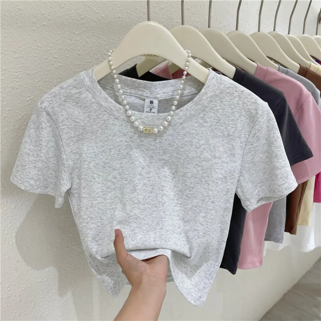 

Женская утягивающая футболка с круглым вырезом и короткими рукавами, повседневный короткий топ с высокой талией для жаркого лета, универсальный дизайн плеч