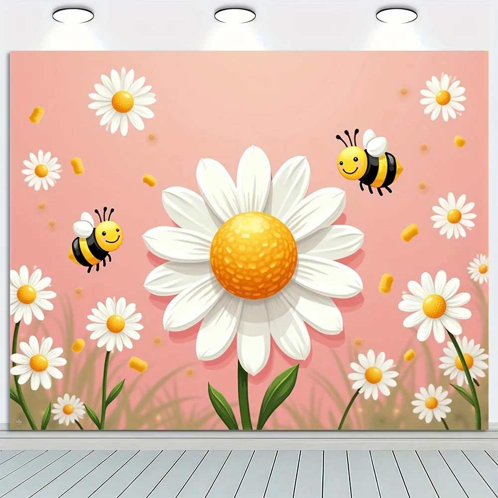 2D Flat 1pc Sweet Honey Bee Backdrop With Daisy & Sunflowers - Vibrant Polyester Wall Decor For Gender Reveal First Birthday Cak